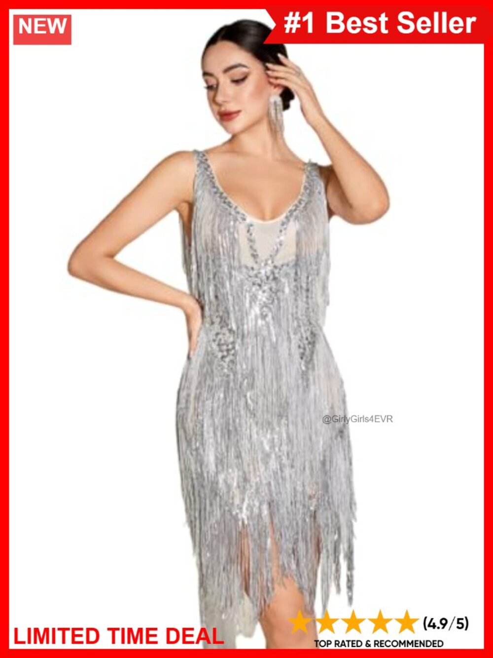Sequin Fringe Mini Dress V-Neck Sleeveless Backless Party